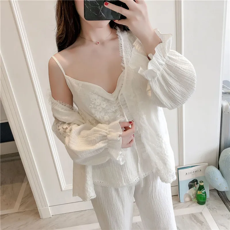 

2020 Spring Women Pajamas Sets Gown Pants Cotton Sleepwear Cute Lace 4 Pcs V-Neck Double Gauze Thin Nightwear Pyjama Night suit