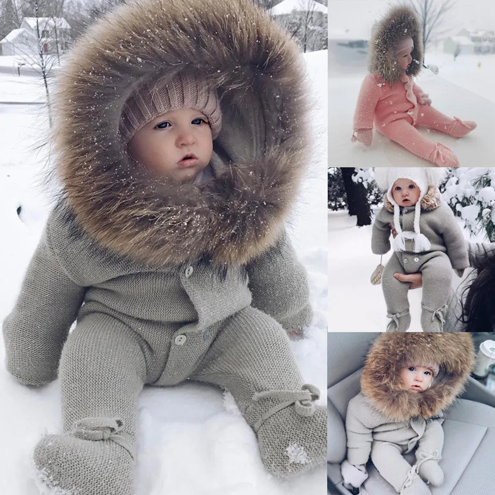 

Baby Jumpsuit Cold Winter Warm Infant Baby Boy Girl Hooded Romper Jumpsuit Knit Warm Long Sleeve Outerwear Clothes T6#