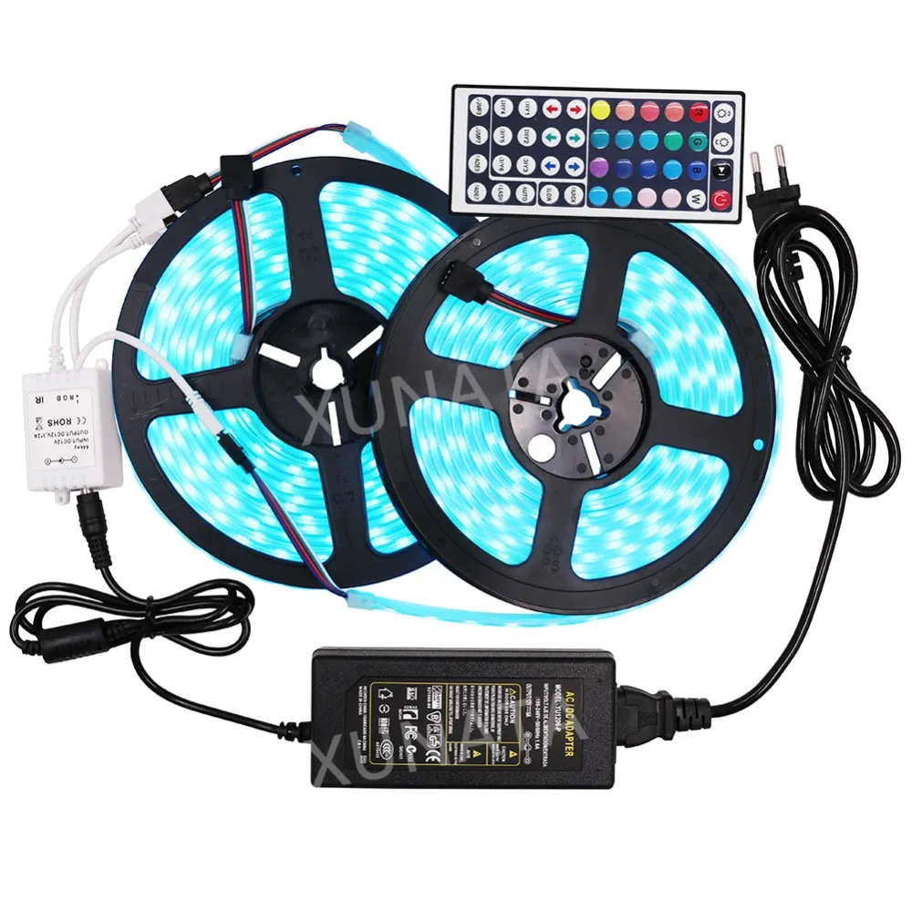 DC12V светодиодный лента SMD 5050 60 Светодиодный s/m IP65 IP67 Гибкая Водонепроницаемая RGB Светодиодные ленты свет + EU/US/UK/разъем АС + 44Key удаленного