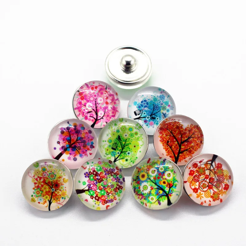 

Hot selling 12pcs/lot life tree Snap Button glass charm pretty Buttons Fit Snap bangle Necklace 18mm DIY Bracelet snap jewelry