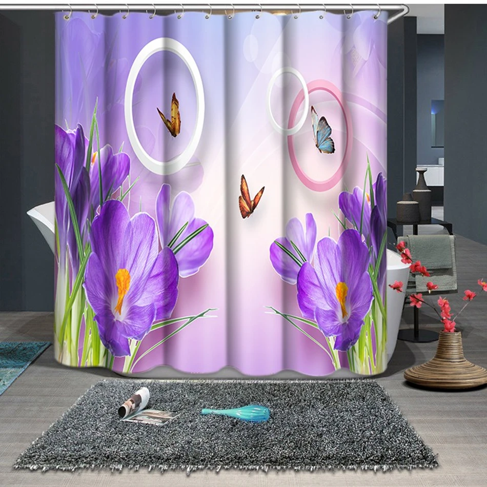 Butterfly and Blue Flowers Pattern Shower Curtains Bathroom Curtain Comfortable Thicken Waterproof Thickened Bath Curtain