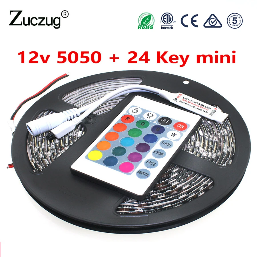 

LED Strip 12V SMD 5050 RGB Black PCB Waterproof 60Leds/m LED Strip + 24 Keys RGB Mini Remote Controller For SMD5050