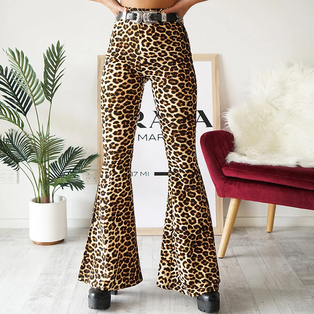 Женские модные сексуальные леопардовые с высокой талией широкие расклешенные повседневные женские брюки свободные Стрейчевые брюки-клеш