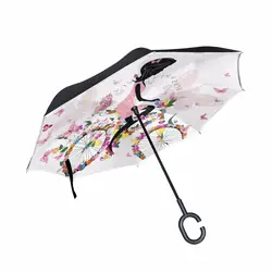 Девочка на велосипеде с романтическими бабочками двойной слой автомобиля обратный зонтик женские зонты обратный Ветрозащитный зонты