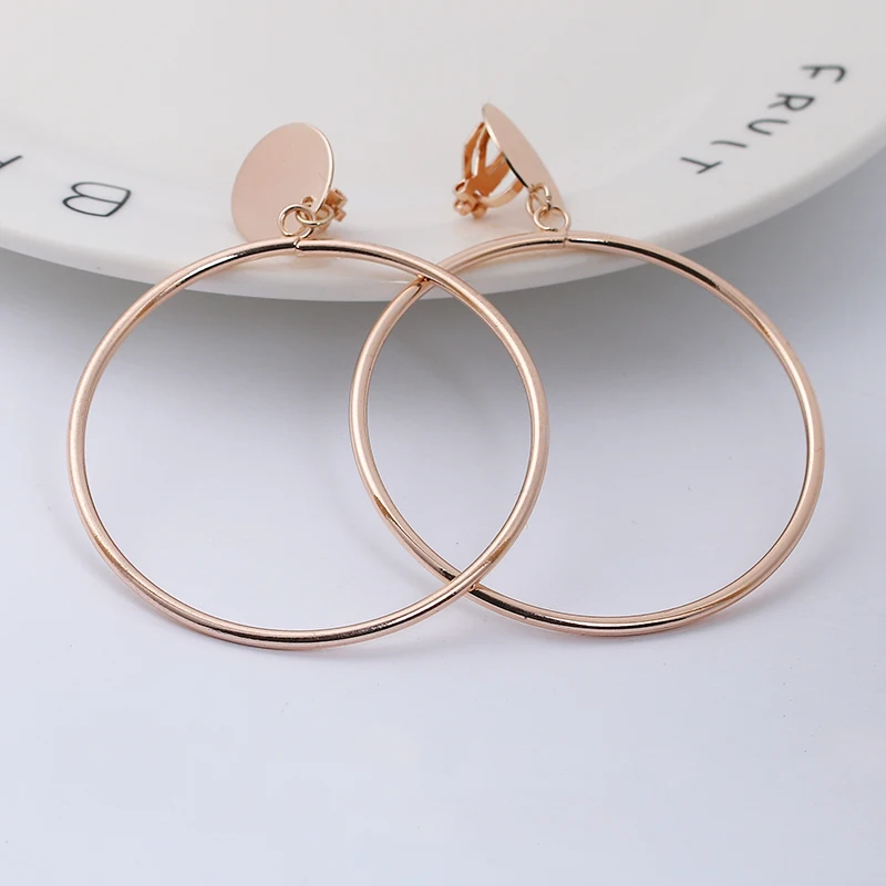 Clip Earrings Simple Fashion Gold Silver Plated Geometric Big Round No Pierced for No Ear Hole Women Big Hollow