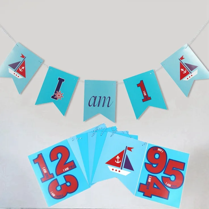 

Blue Ocean I AM ONE(Two Three Four ~Nine Years Old) DIY Banner Sail Boats Nautical Party 1st Banner Anchor Kids Birthday Banner