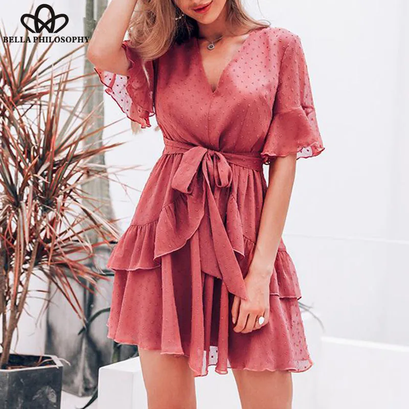 

Heydress Sexy v-neck polka dot women dress Summer style layer ruffle chiffon short sundress Elegant zipper holiday vestidos 2019