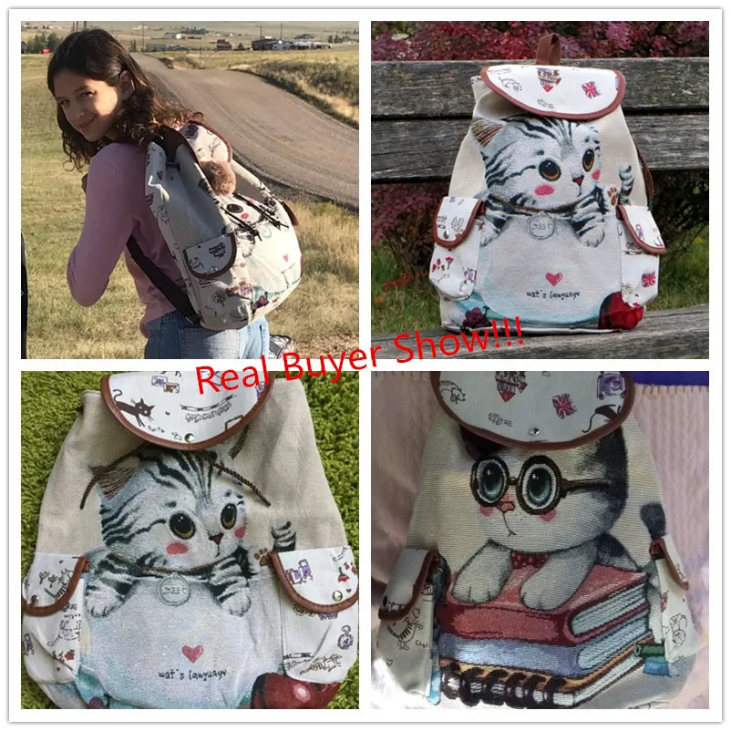 Miyahouse Повседневный холщовый школьный рюкзак для женщин с милым рисунком кота, рюкзак на шнурке для подростков, большая вместительность, женская школьная сумка
