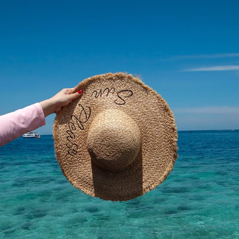 

2019 Spring Summer Large Wide Brim Raffia Straw Hats Letters Beach Cap Sun Protection Big Raffia Straw Hat A1