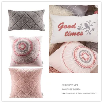 

45x45cm/50x30cm pink/grey towel embroidered floral cushion cover sofa lumbar pillowcase decorative white fur throw pillow cover