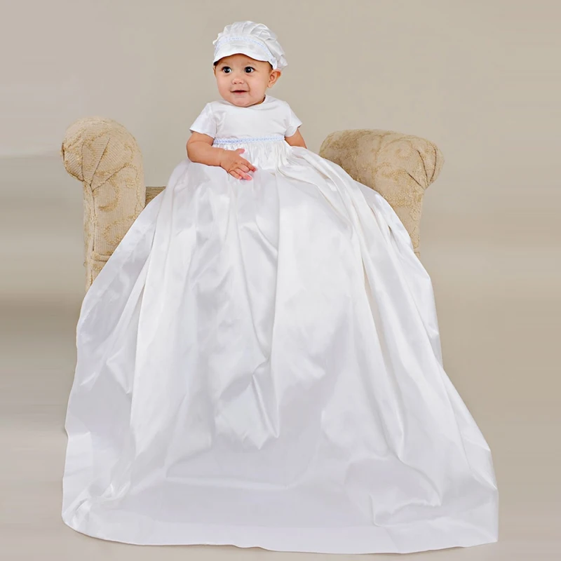 

Without Hat Heirloom-style Stuning Empire Waistline Short Sleeves Baby Boy Long Silk Satin Waistline Baptism Christening Gowns