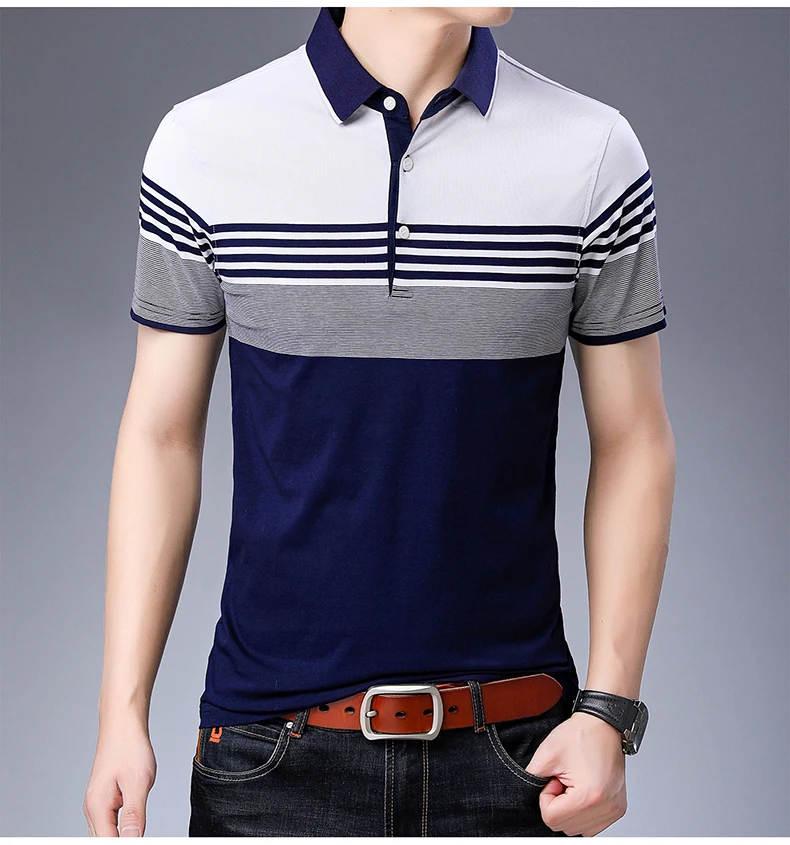 Брендовая Повседневная летняя полосатая рубашка поло с коротким рукавом, мужская рубашка из Джерси, Качественная мужская рубашка поло, модная одежда 32503