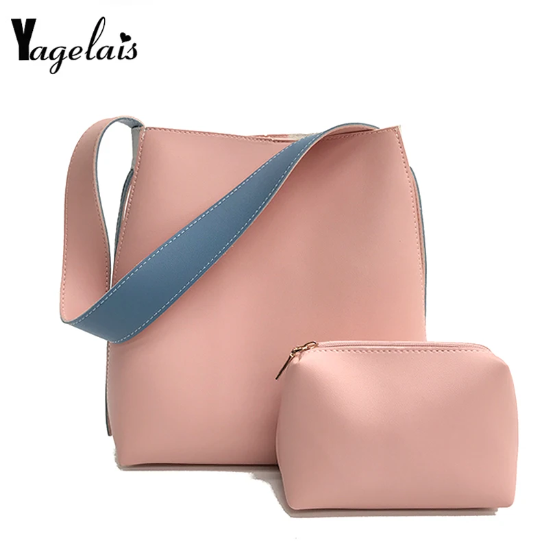

Fashion Korean Style Women Handbag Large Portable Shopping Bag sets 2 Pcs Composite Pu leather Ladies Shoulder Bag Pink Purse