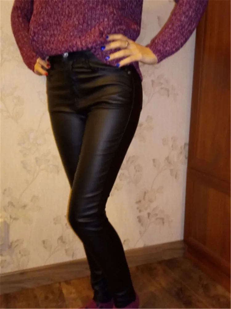 European and American women's high waist slim body elastic coating imitation leather trousers jeans small foot trousers PU pocket locomotive model 100 big size (23)