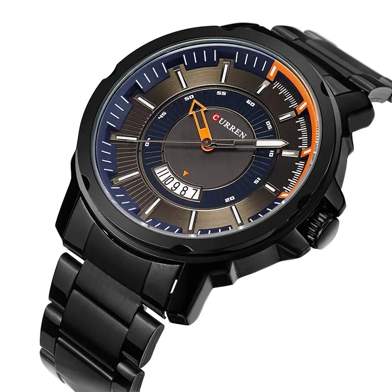 

CURREN 2018 Quartz Watches Black Blue Dial Calendar Display Black Stainless Steel Waterproof Men's Military Sport Wrist Watches