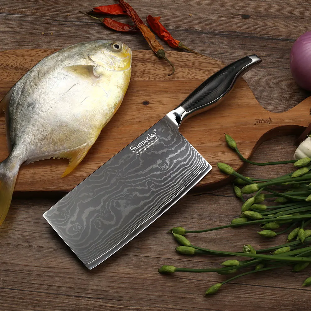 

SUNNECKO 7" inch Cleaver Knife 73 Layers Damascus Japanese VG10 Steel Sharp Blade Kitchen Knives Pakka Wood Handle Cooking Tool