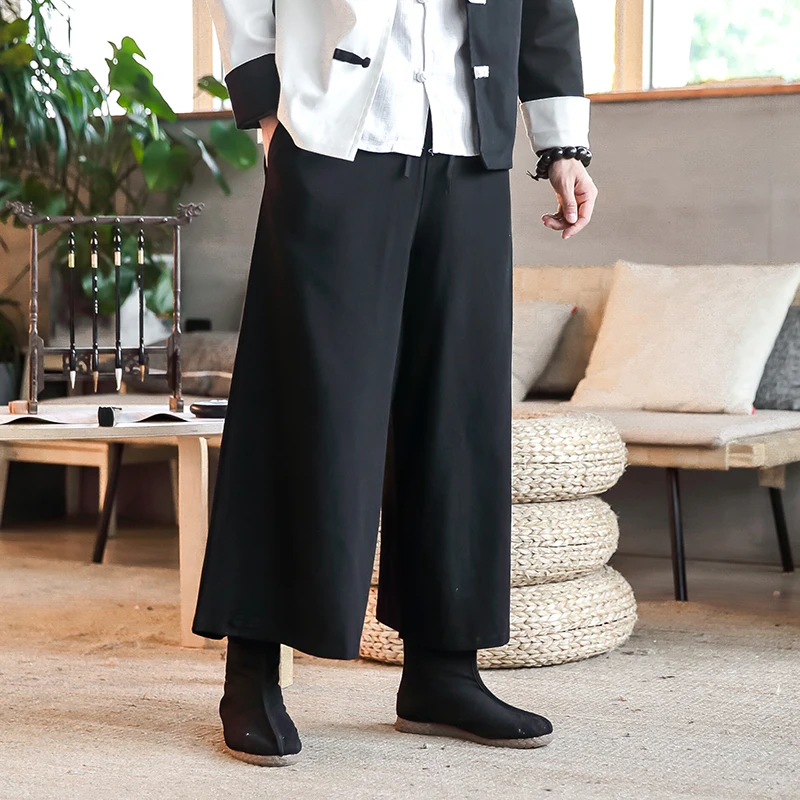 Китайский стиль широкие брюки мужские осенние новые 2019 повседневные однотонные льняные мужские s брюки плюс размер свободные Pan Kou дизайн