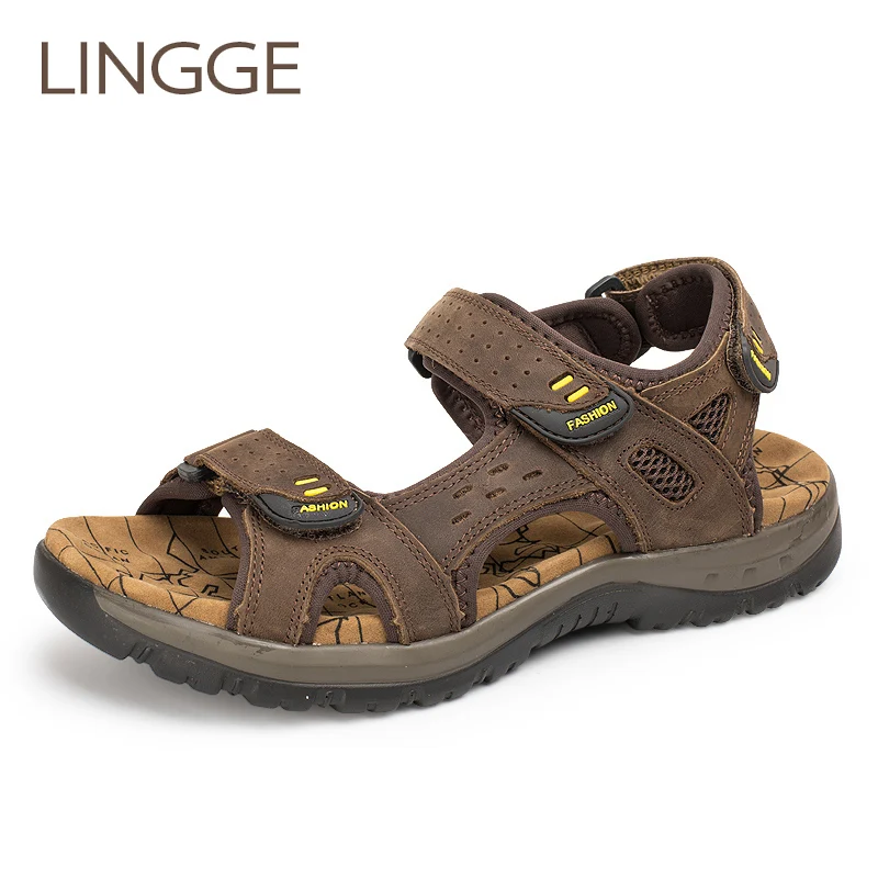 Online LINGGE sandalias de cuero genuino para hombres zapatos de playa de ocio de verano para hombres sandalias de cuero de alta calidad sandalias de hombre de gran tamaño 38 45
