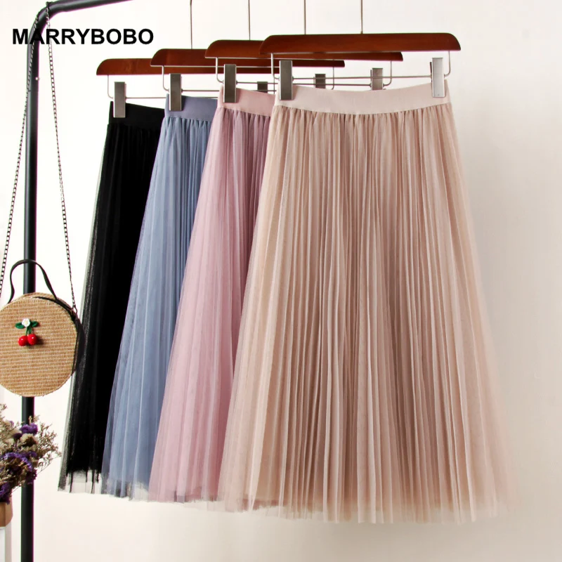 Богемные плиссированные юбки с высокой талией, летняя сетчатая Тюлевая юбка для женщин, повседневная юбка миди с эластичной талией размера плюс