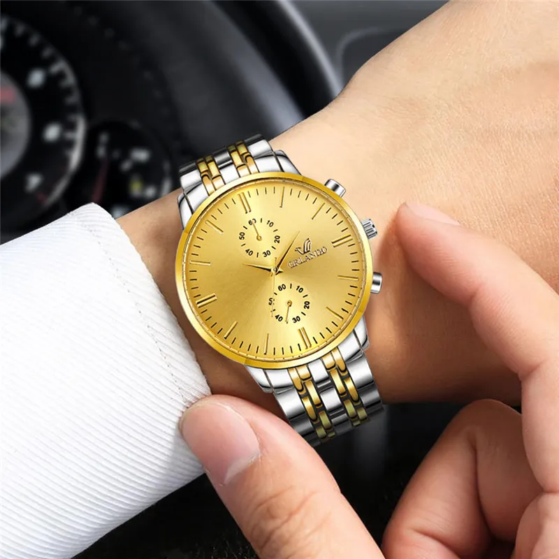 ORLANDO модные мужские часы новые кварцевые часы мужские серебристые позолоченные наручные часы из нержавеющей стали Masculino Relogio Прямая