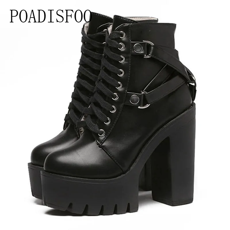 

POADISFOO Women's Sexy Platform Square 13cm Heels Black Martin Boots heel 4.5cm Ankle Lace Martin Night Club Boots .JXQ-5722