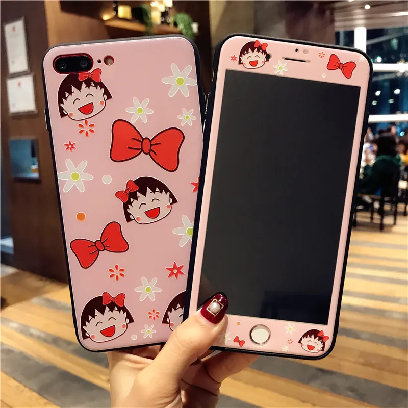 

Sakura Maruko Screen Protector + case For iPhone 8 /8 plus 7 /7Plus Tempered Glass for iPhone 6 6sPlus cover cartoon pink girl