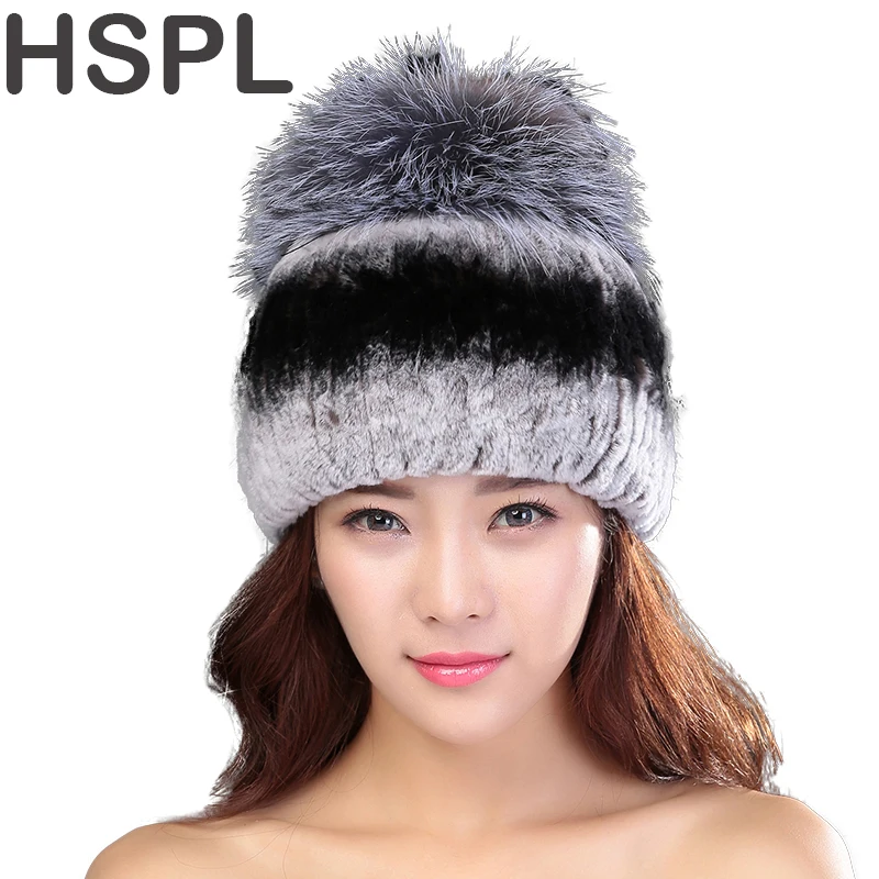 

HSPL Winter Caps With Fox Fur Ball Natural Rex Rabbit Fur Winter Hat For Lady Fashion Fur Cap Warm Beanies Lady headwear Bone