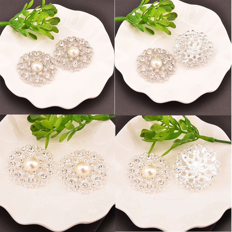 

Rhinestone Pearl Embellishment Used On Invitation button 38MM 5PCS/lot Flat Back Nickle Color Or Silver Color KD339