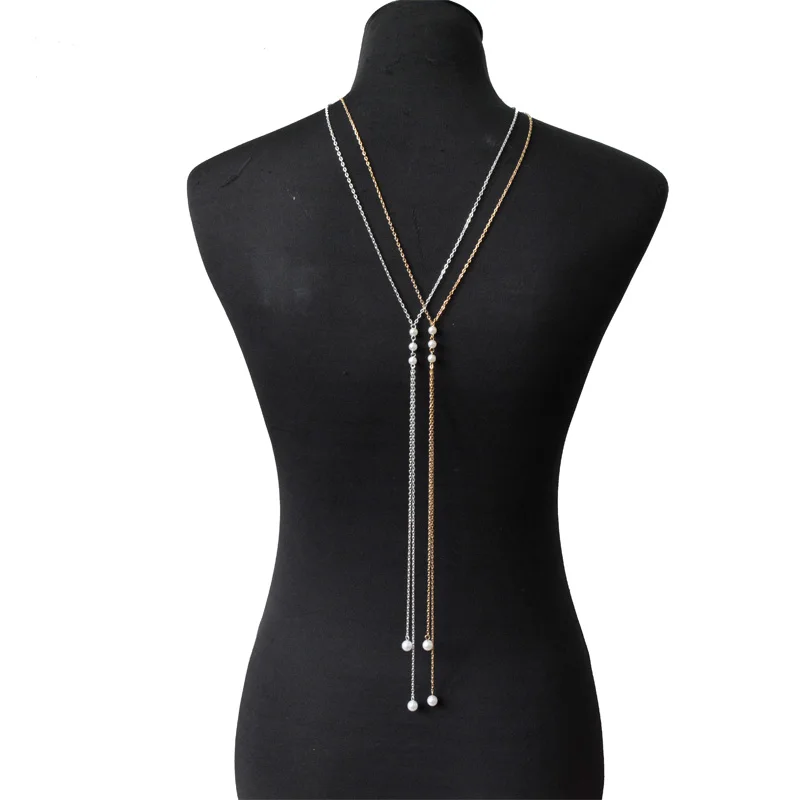 Back drop necklace imitation pearl long necklace backless