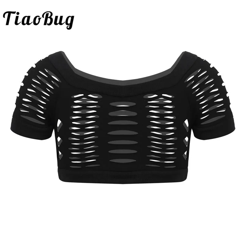

TiaoBug Kids Teens Short Sleeves Dance Cover-up Tops Girls Off-Shoulder Hollow Out Crop Tops Child Stage Performance Dance Wear