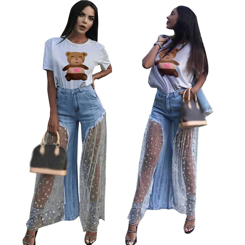 

Women Casual Fashion Style Sexy Pants Tulle Mesh Stitching Edging Wide Leg Jeans Loose Gauze Patchwork Light Blue Denim Jeans XL