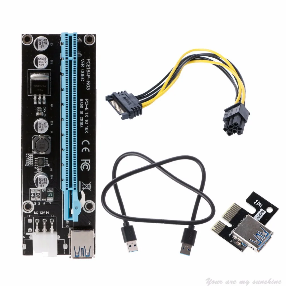 

New PCI-E 1x To 16x Extender PCI Express Riser Card With USB 3.0 Data Cable + SATA To 6-Pin IDE Molex Power Supply