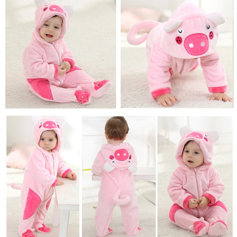 Goedkoop Baby rompertjes Cartoon Winter Warm Coral Fleece Leuke Leeuw Kerst geschenken Baby Jongen Meisje pyjama Vis roupas de bebe recem nascido