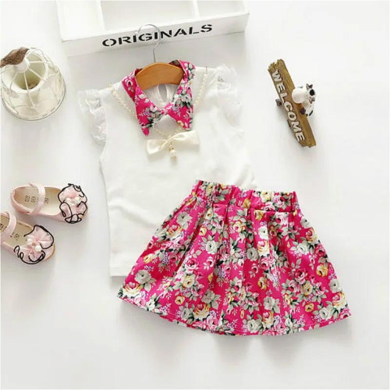 

Summer Hot Selling 3pcs Baby Girls Toddler Necklace Top Lace Sleeve Floral Skirts Flower Outfits Summer Clothes Casual Sweet Set