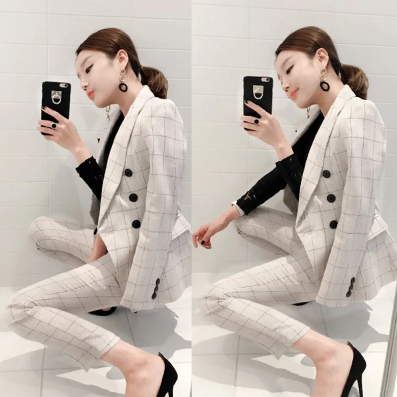Business OL Office Pants & Jackets 2 Pieces Women's Blazer 2018 Fall Vintage Fashion White Plaid Dresses Women's Suit Set
