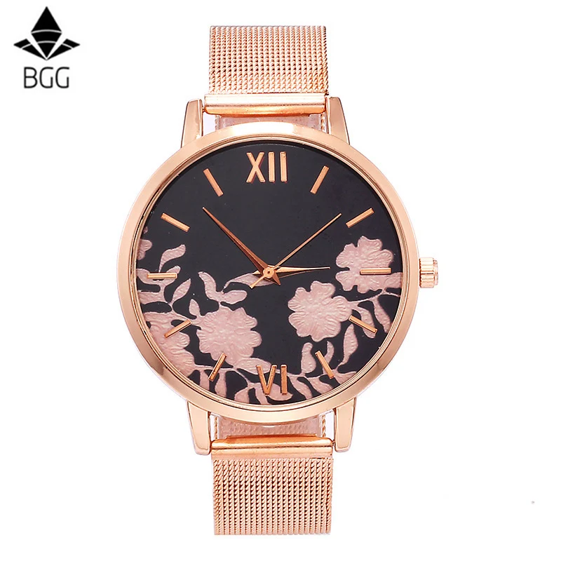 

BGG Brand Flowers Watches Women Rose Gold Stainless Steel Strap Watch Quartz Watch Ladies Watch Clock Relogio Feminino Hour
