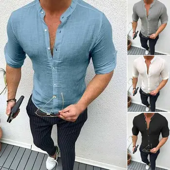 

2019 Brand New Style Mens Short Sleeve Linen Shirts Button Down Slim Fit Casual Solid Colors