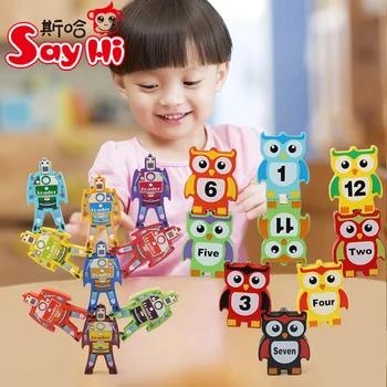 

Candice guo wooden toy wood balance robot loader owl number block high game tower stacking building connect educational gift