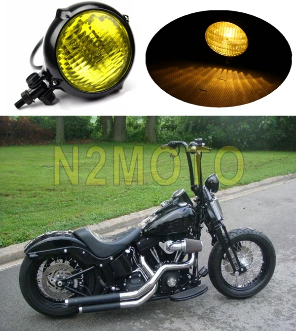 

Black and Amber Lens Motorcycle Headlamp 4 1/2" Vintage Bates Style Head Light For Bobber Chopper Softail Springer