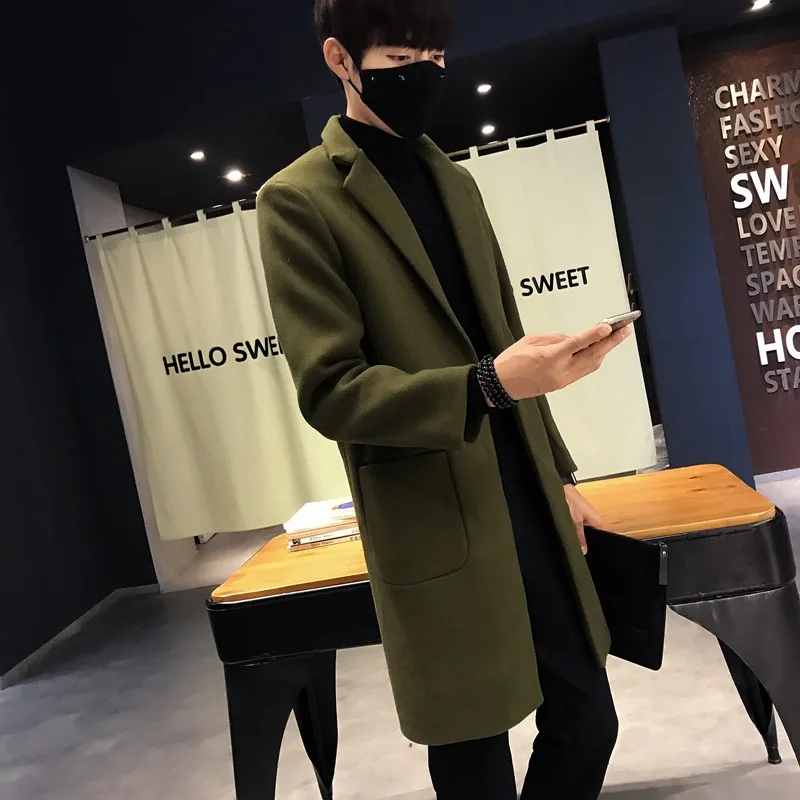 Повседневное модное длинное шерстяное мужское пальто теплое с широкой талией мужская куртка с отложным воротником однотонное корейское мужское модное пальто