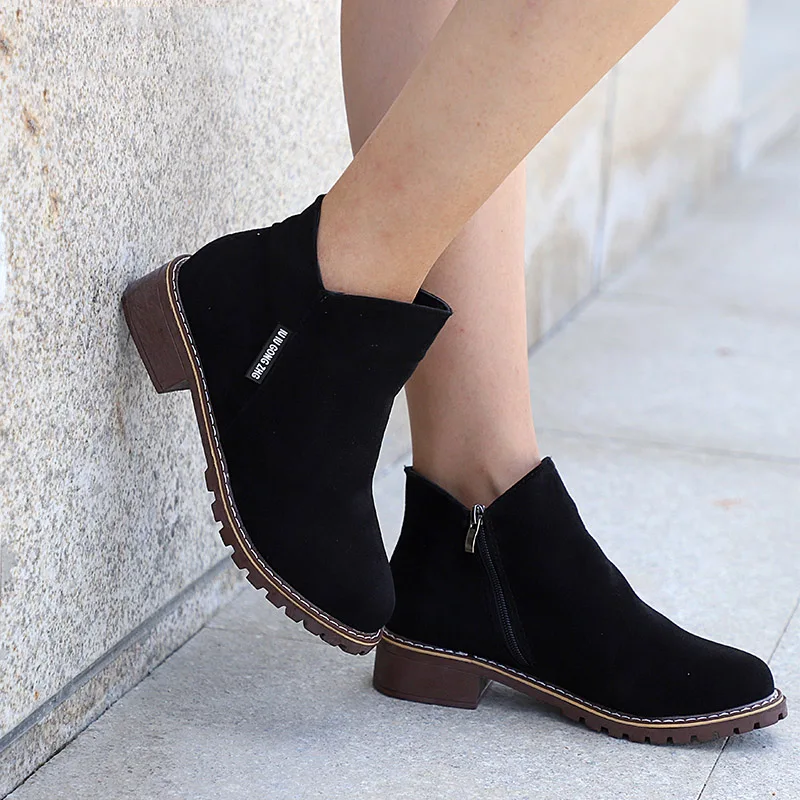 Botines de gamuza sintética, botas de moda para mujer, nuevas botas de invierno 2019, zapatos de tacón bajo para mujer, antideslizantes, calzado con cremallera para damas - AliExpress Calzado