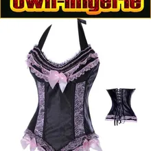 Лидер продаж, сексуальный черный/розовый кружевной СЗАДИ АТЛАСНЫЙ жесткий корсаж-бюстье, шейный корсет, w3241