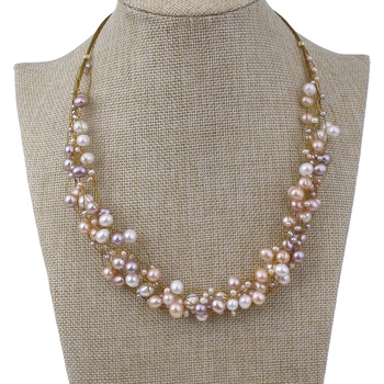 

High Quality Gold Tiger Tail Wire Real Natural Freshwater Pearl Necklace Jewelry Wedding Bridal Gifts Statement Necklace Gifts
