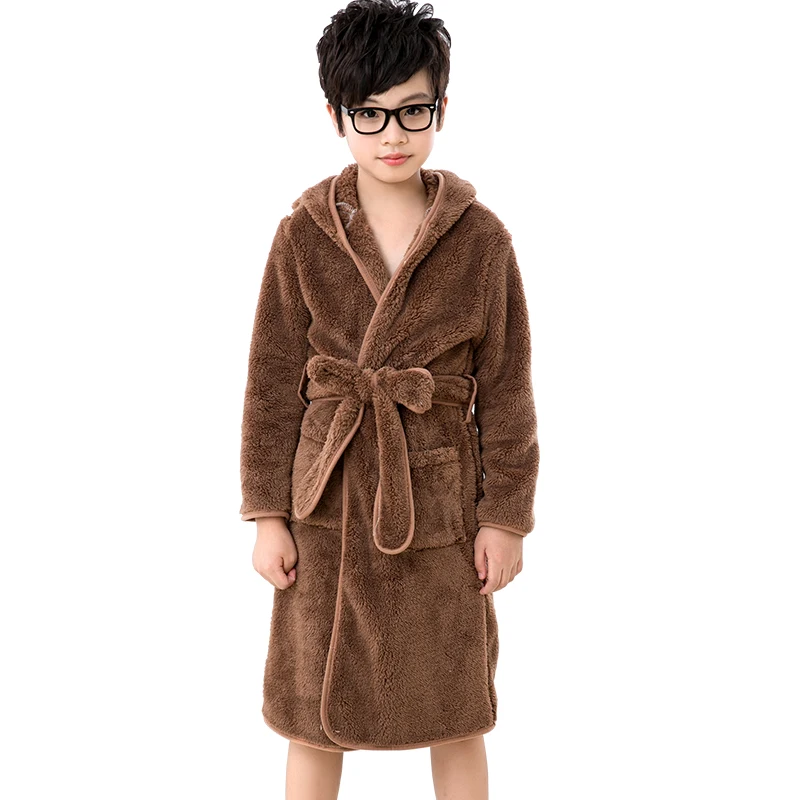 

3-11Y Bathrobe Kids Solid Color Pajamas with Belt Hoodies Girl Boy Fleece Sleepwear Flannel Nightwear for Children Robes Pyjamas