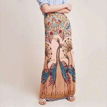 

2019 Autumn new peacock Printed long high waisted skirt womens sheath maxi skirt sexy ladies clothing plus size S-XL