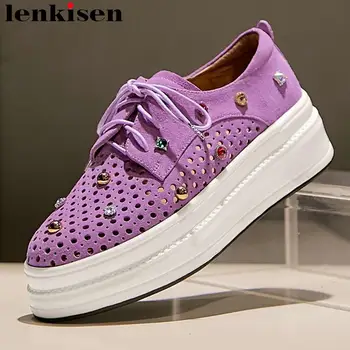 

Lenkisen preppy style natural leather lace up colorful rivets decoration breathable holes lace up snekers vulcanized shoes L8f5