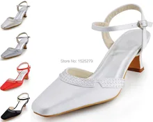 Custom Made EP11033 Women White Ivory Square Toe Chunky Heels 2” Bridal Pumps Rhinestones Slingback Buckles Satin Wedding Shoes