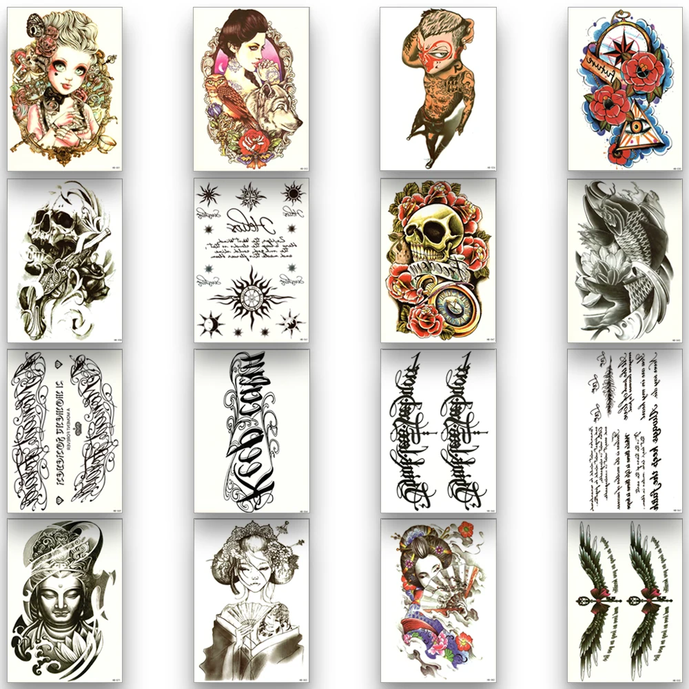 Temporary Tattoo Sticker Disposable Waterproof Fake Text Skull Woman Squid Black Water Transfer Paper Fashion Body Art | Красота и