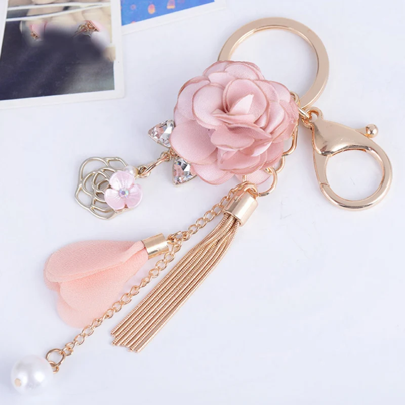 

2017 New Rose Flowers Keychain Key Chain Gold Color Crystal Bow Chain Tassel Key Ring Porte Clef Bag Charm Pendant Jewelry Gifts