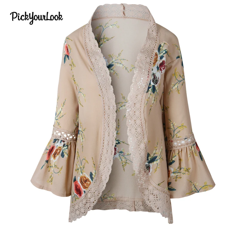 PickyourLook Women Cardigan Long Sleeve Female Tops Lace Cardigan Autumn Patchwork Floral Plus Size Lady Kimono Cardigan Outwear